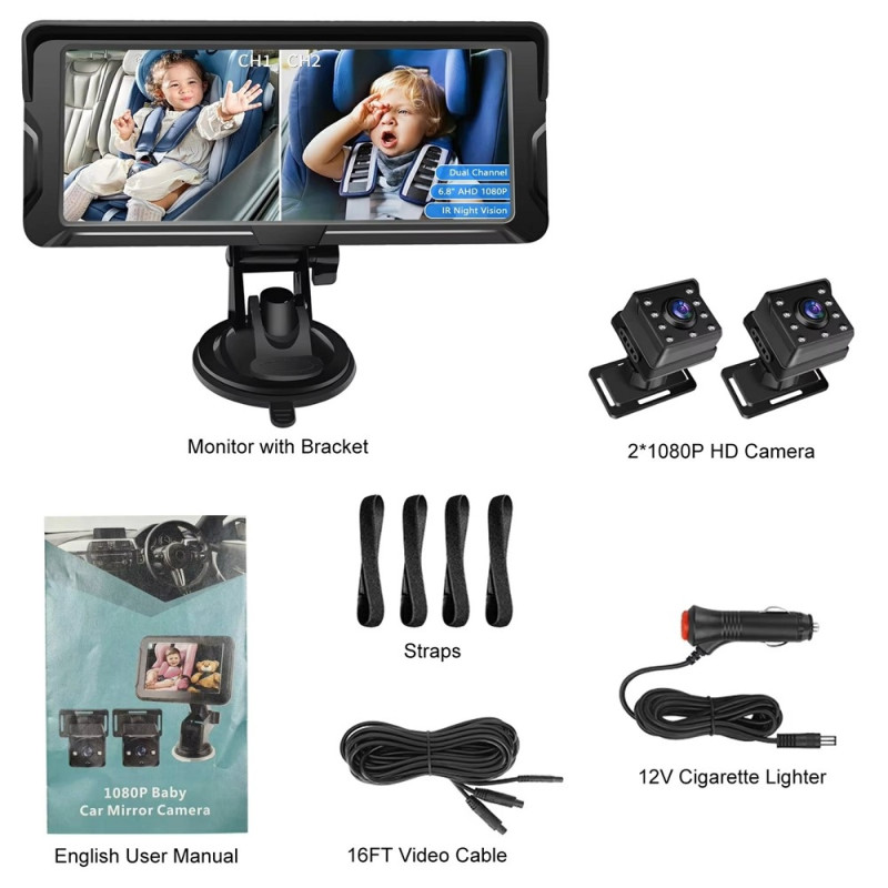 6.8" car monitor camera infrared camera baby monitor for car 360 degree dual camera