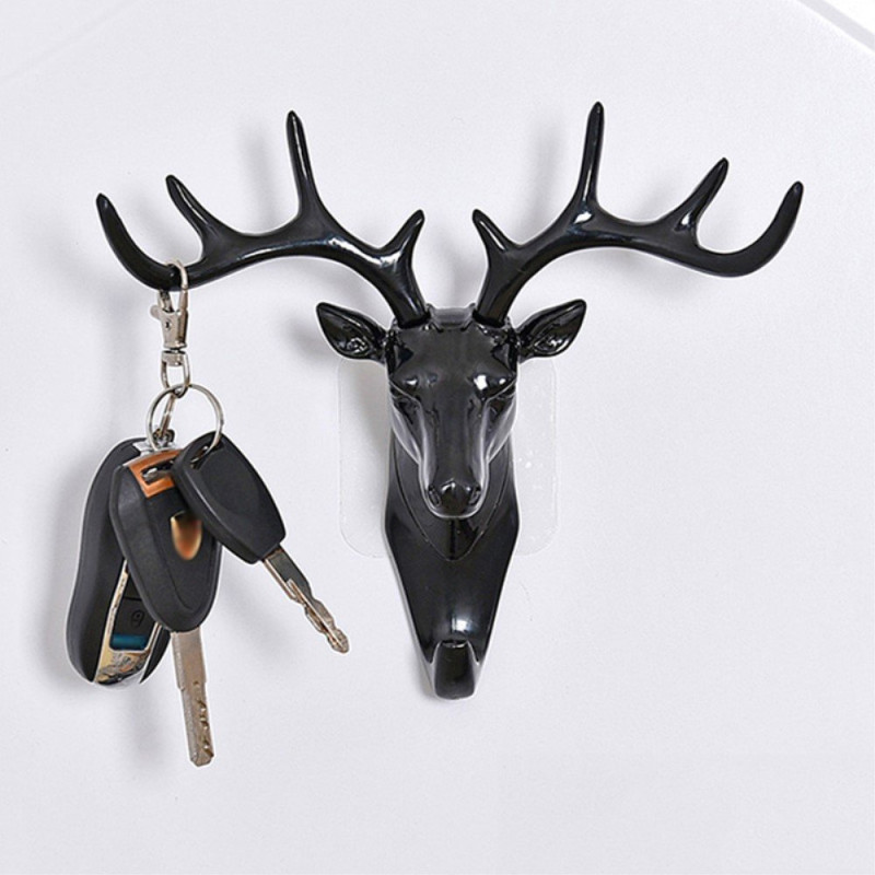 Deer Head Hook Wall Hanger Key Rack Holder Resin Decor - Black