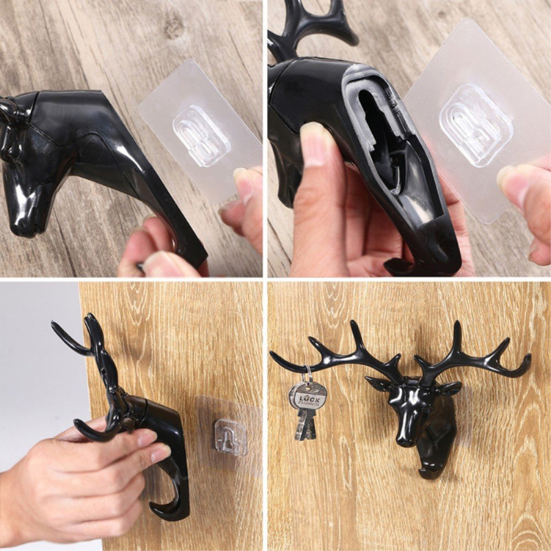 Deer Head Hook Wall Hanger Key Rack Holder Resin Decor - Black