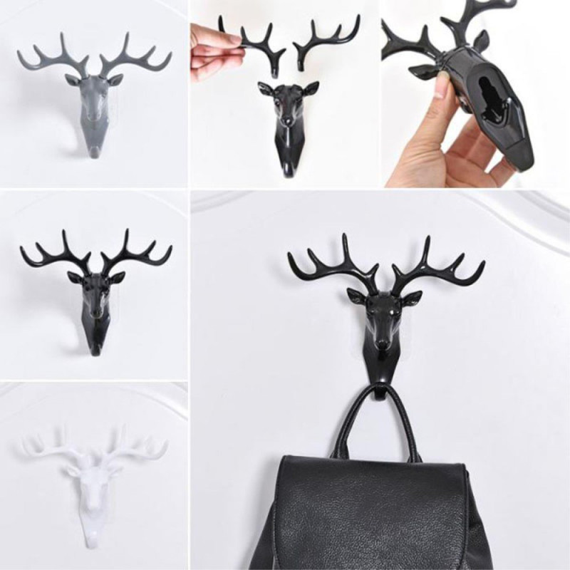 Deer Head Hook Wall Hanger Key Rack Holder Resin Decor - Black