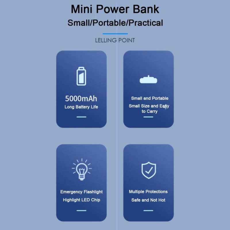 5000mAh bærbar telefonlader USB - C Powerbank med lommelykt