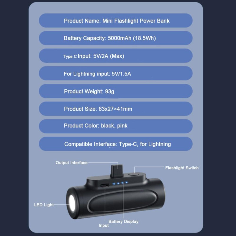 5000mAh kannettava puhelimen laturi USB - C taskulampulla