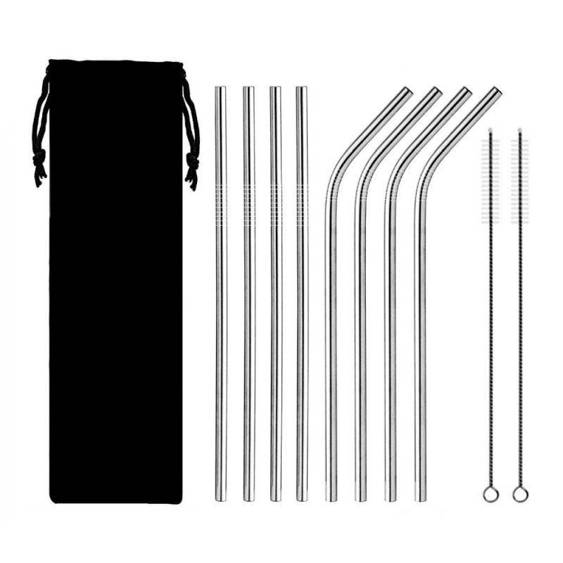 8Pcs Stainless Steel Metal Straws 8.5'' Reusable Drinking Straws+2 Pcs Brushes - Silver