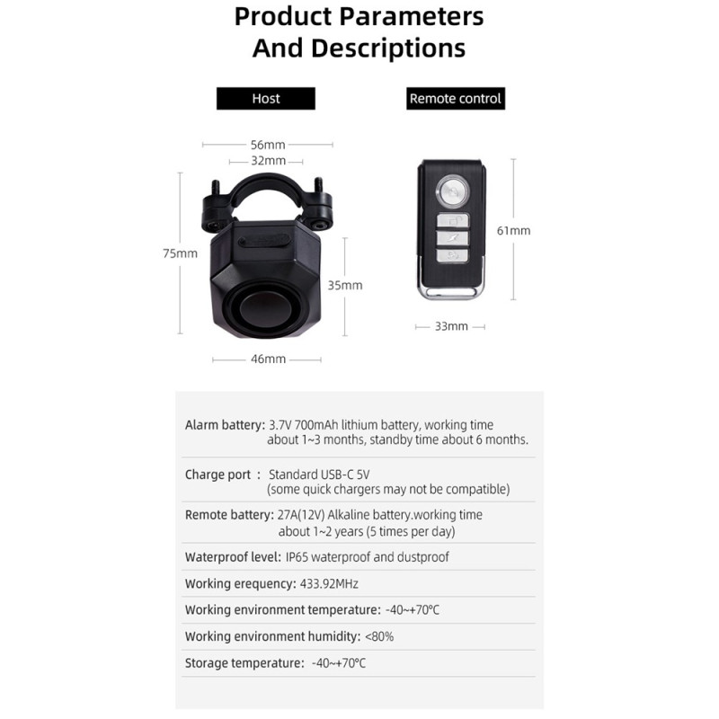 SF32 Trådløst Alarmsystem Motorcykel Knallert osv. Fjernbetjening Vandtæt Tyverisikring