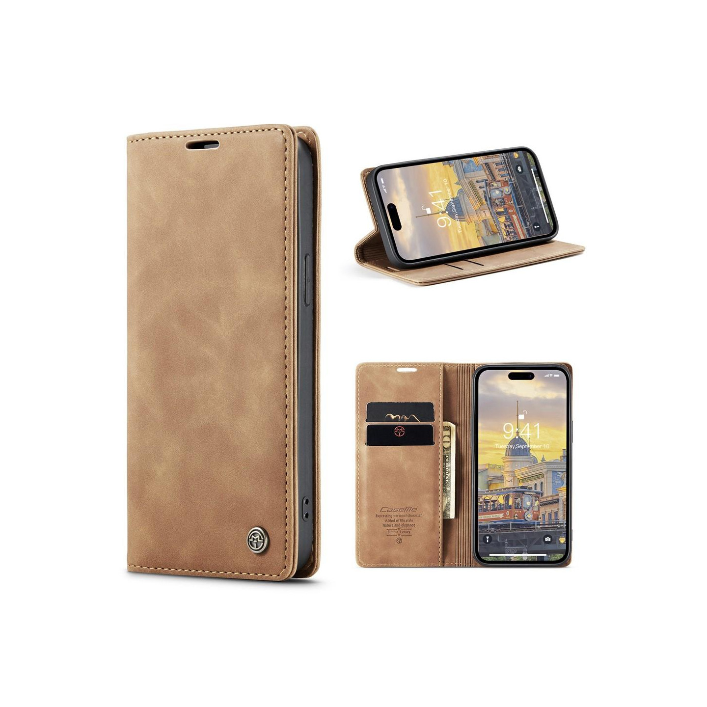 CASEME Retro Lompakkokotelo iPhone 15 Prolle - Ruskea