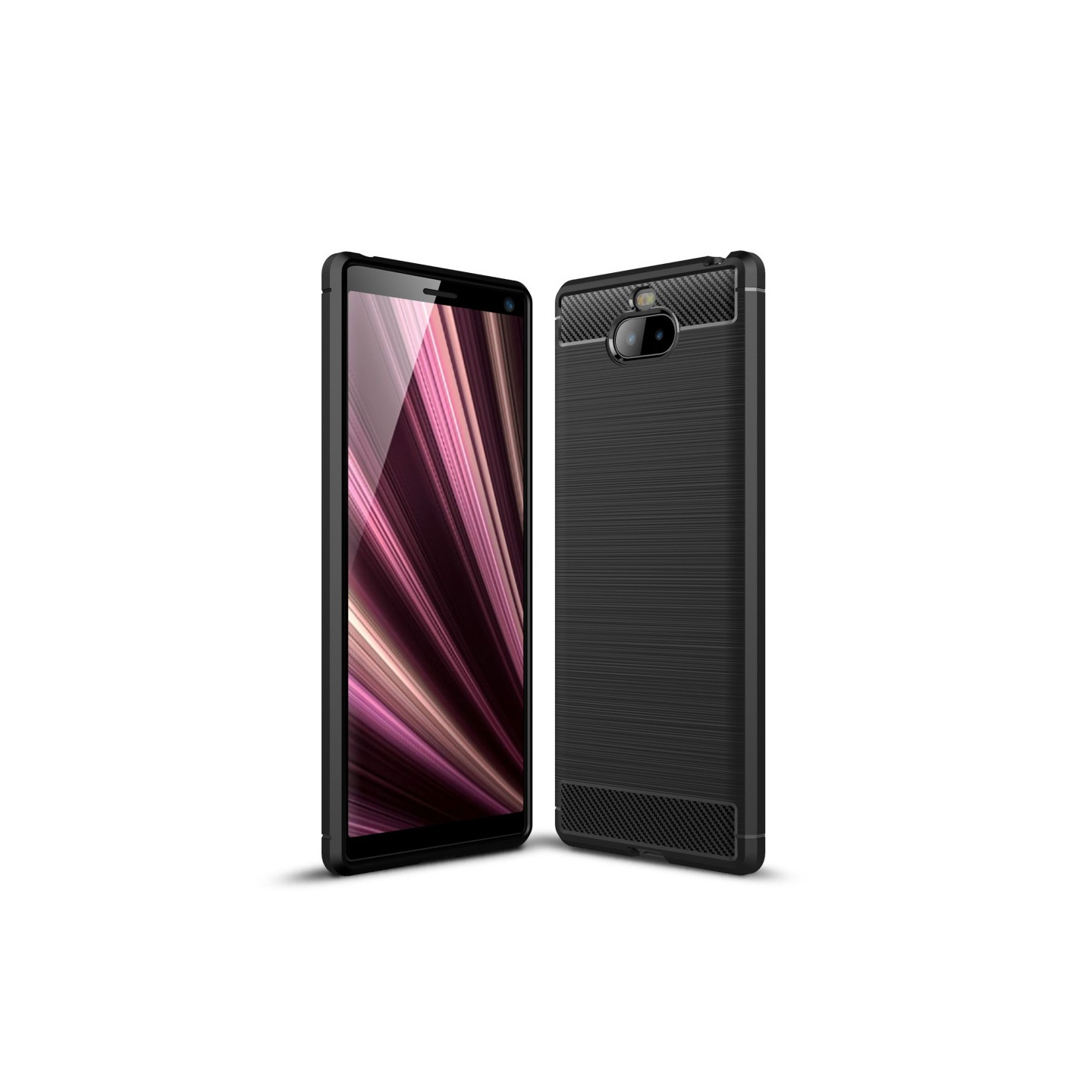 Carbon Fiber Texture Brushed TPU Suojakuori Kansi - Sony Xperia 10 Plus - Musta