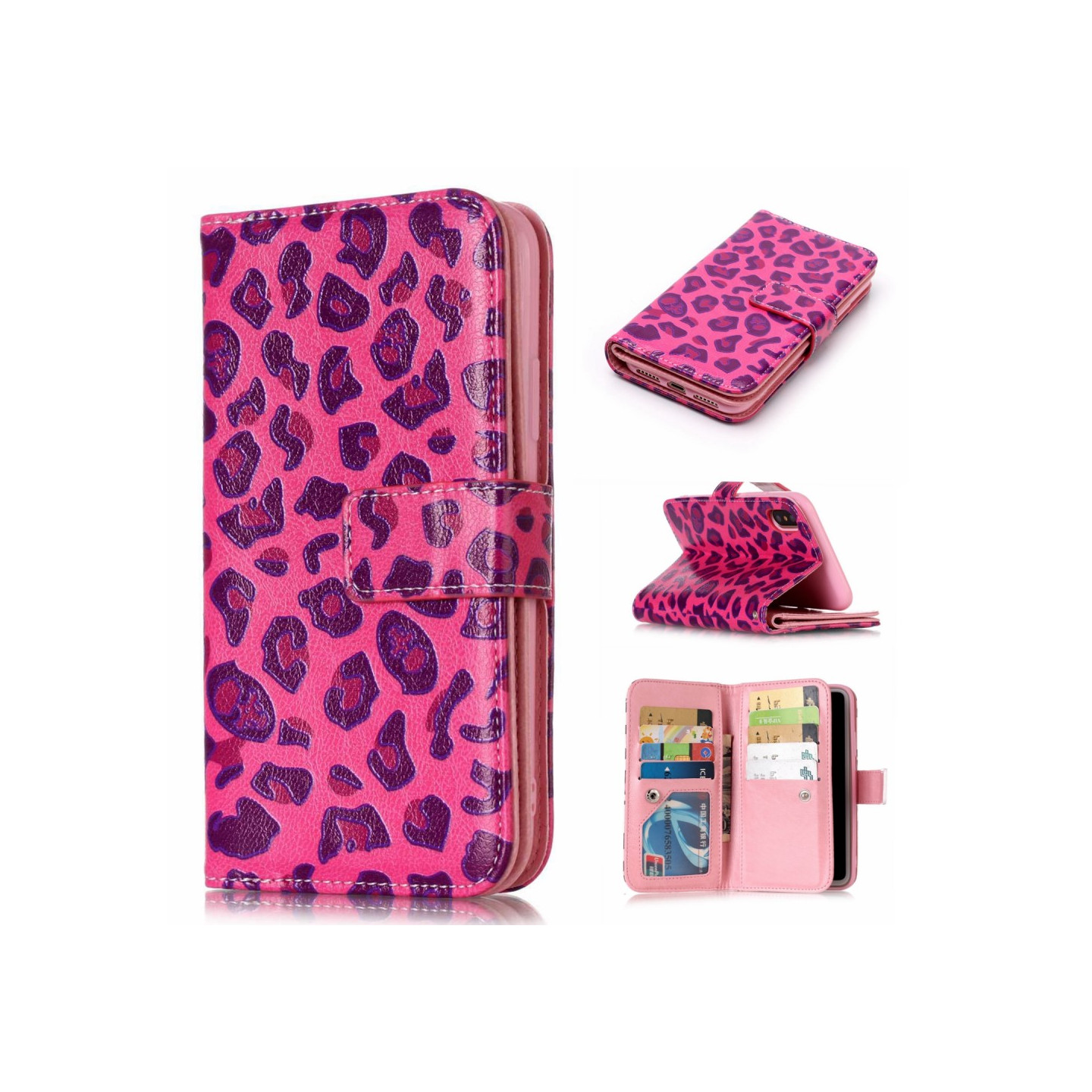 Lompakkokotelo with 9 Card Slots - iPhone XS Max - Rose Leopard