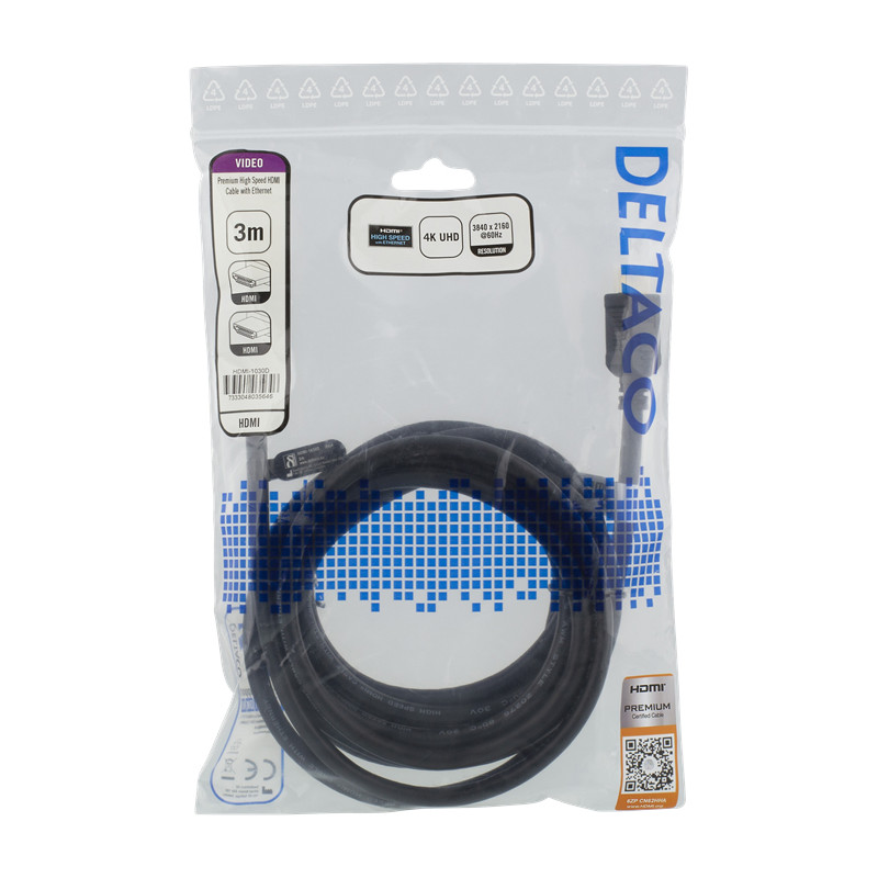 DELTACO HDMI 2.0 - kabel, HDMI Type A ha, gullbelagt, 3m