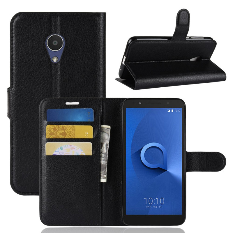 Litchi Texture Wallet Stand Flip Suojakuori - Alcatel 1X - Musta