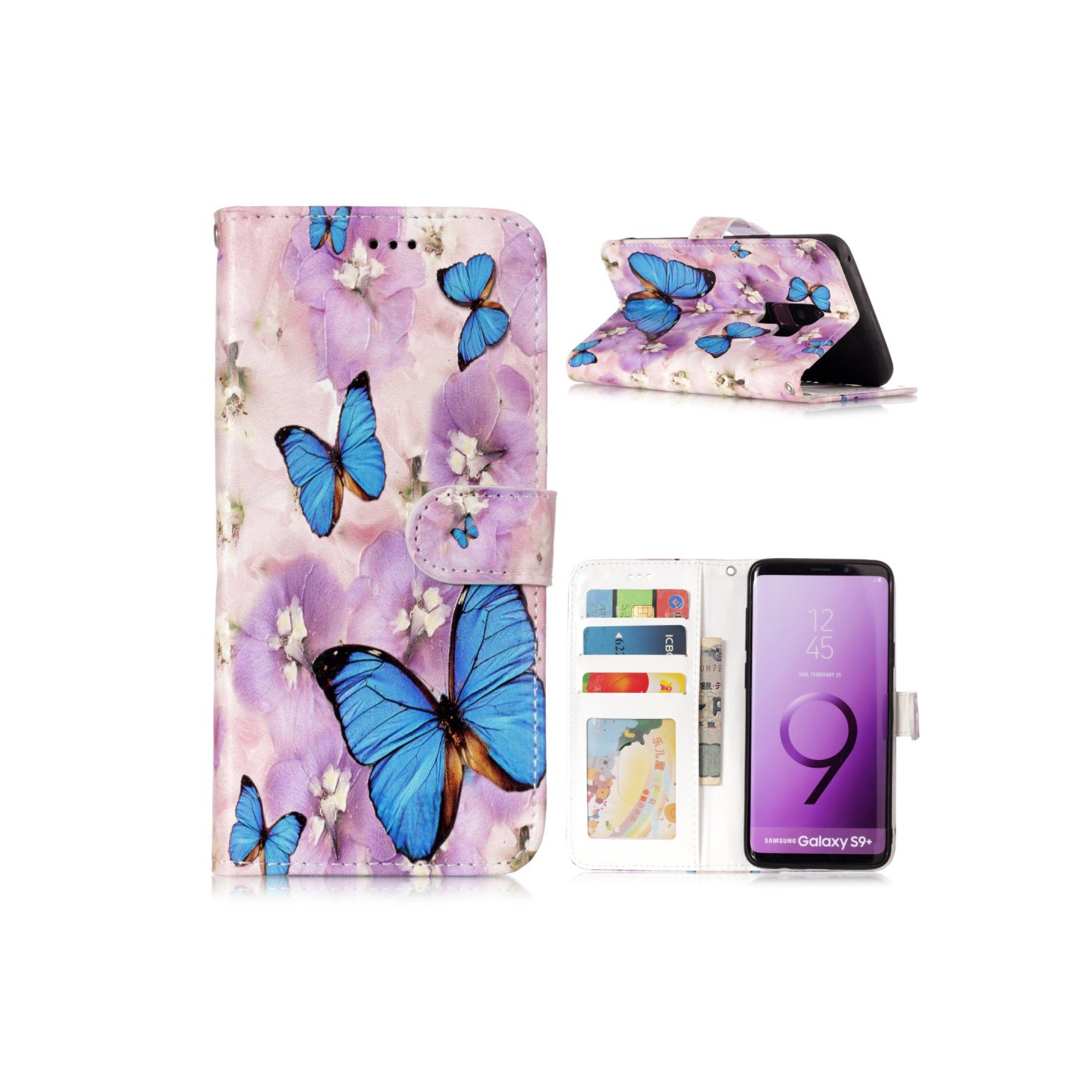Samsung Galaxy S9 Plus Wallet Case - Blue Butterfly and Flower