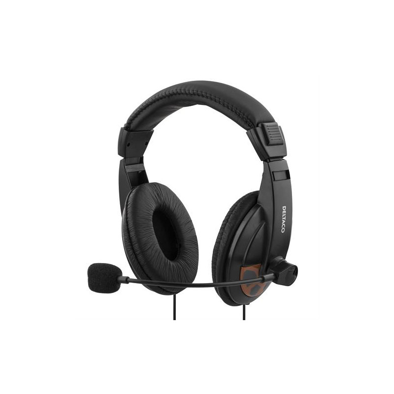 DELTACO headset, sluten, volymkontroll på kabeln, 2x3,5mm, 2m