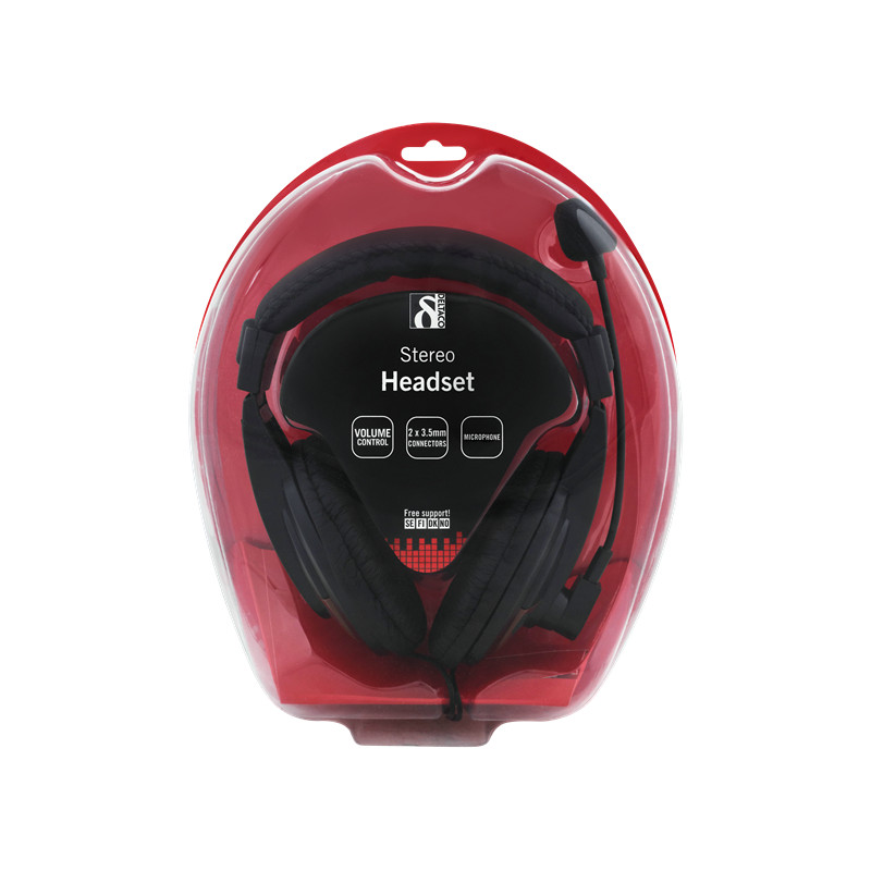 DELTACO hodesett, lukket, volumkontroll på kabelen, 2x3,5mm, 2m