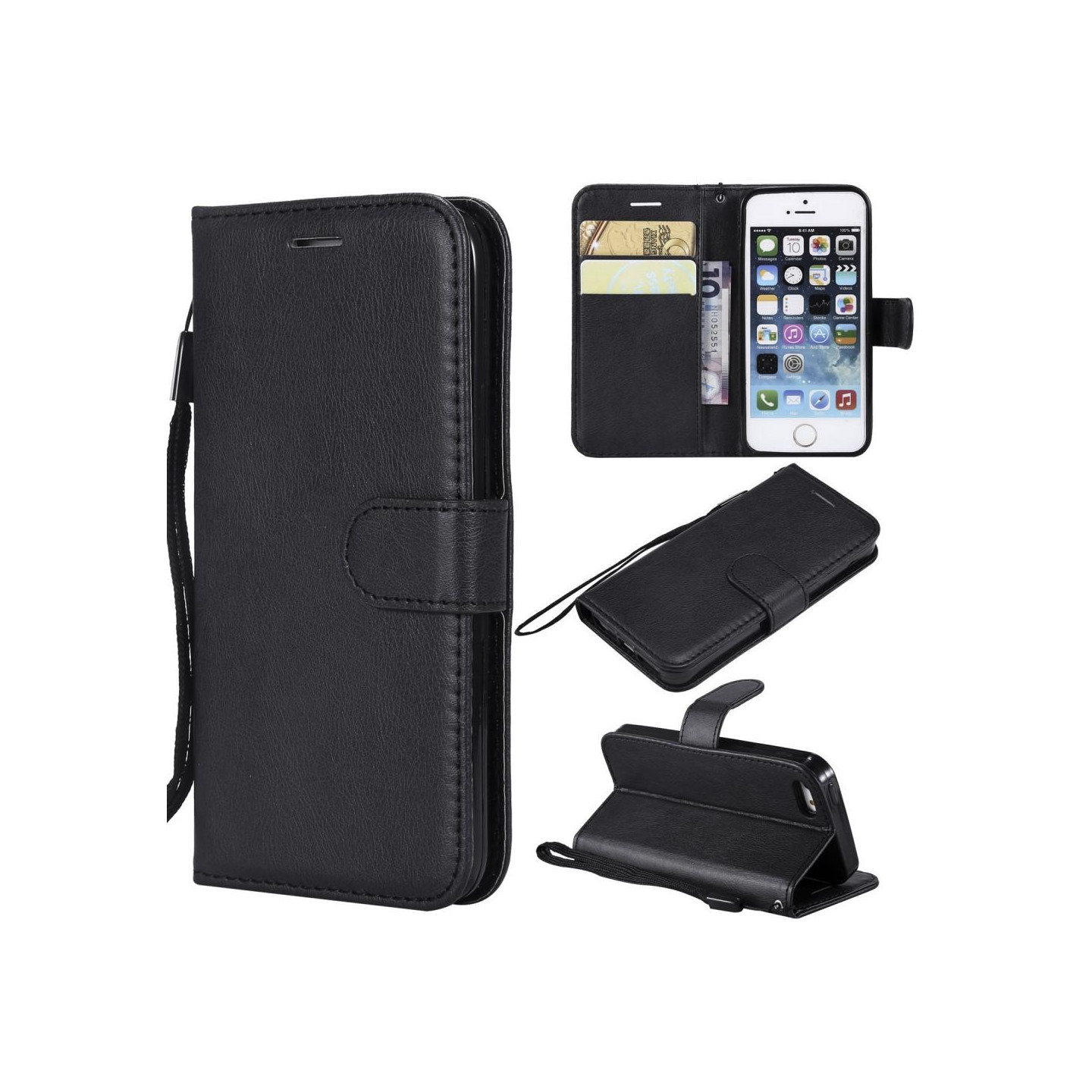 Wallet Leather Stand Case for iPhone SE/5s/5 - Black