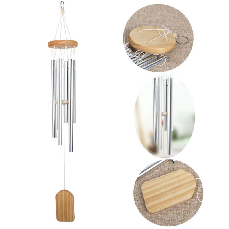 Wind chime aluminum metal tube hanging ornament white wood square pendant white rope