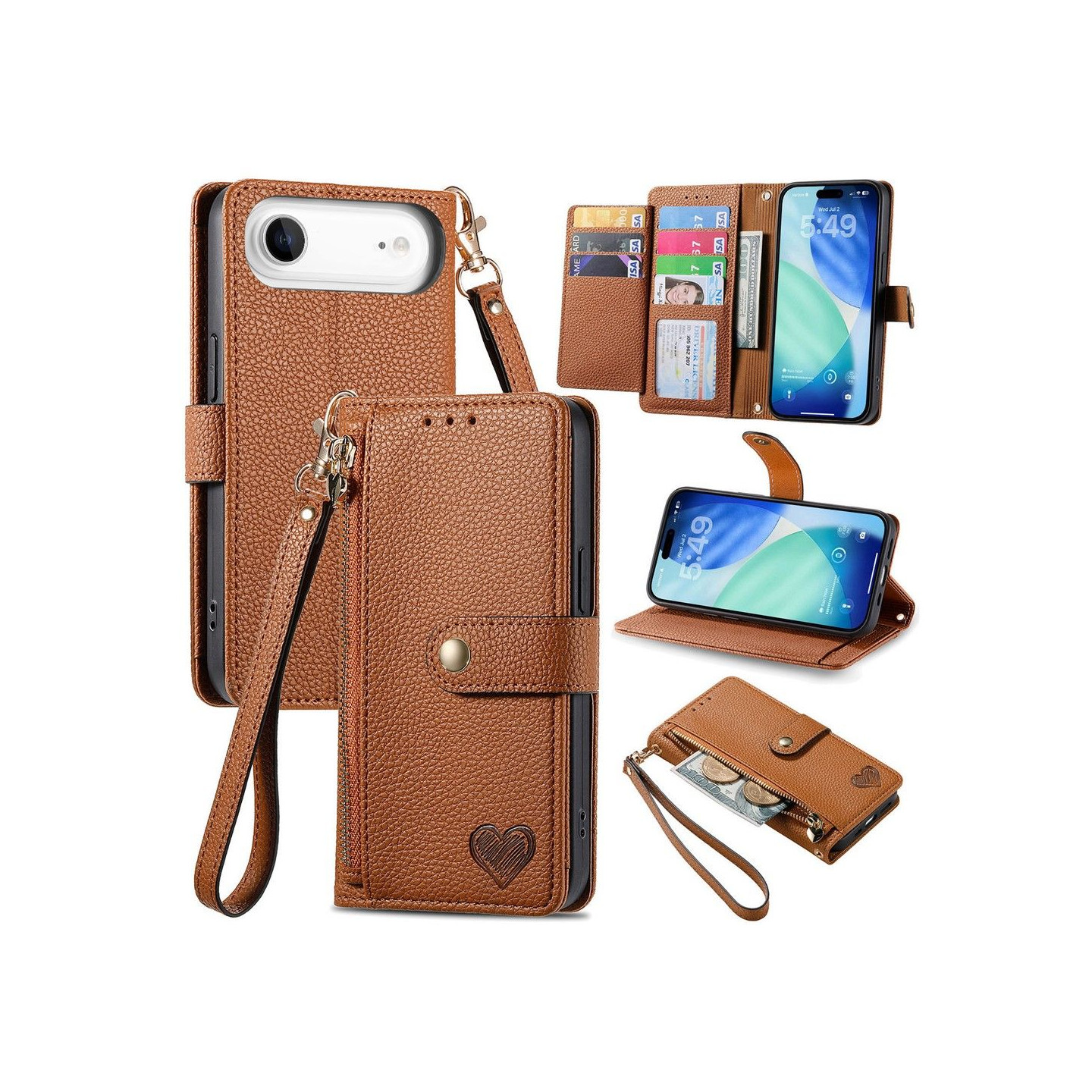 For iPhone Air Case RFID Blocking Zipper Pocket Wallet Phone Cover with Strap