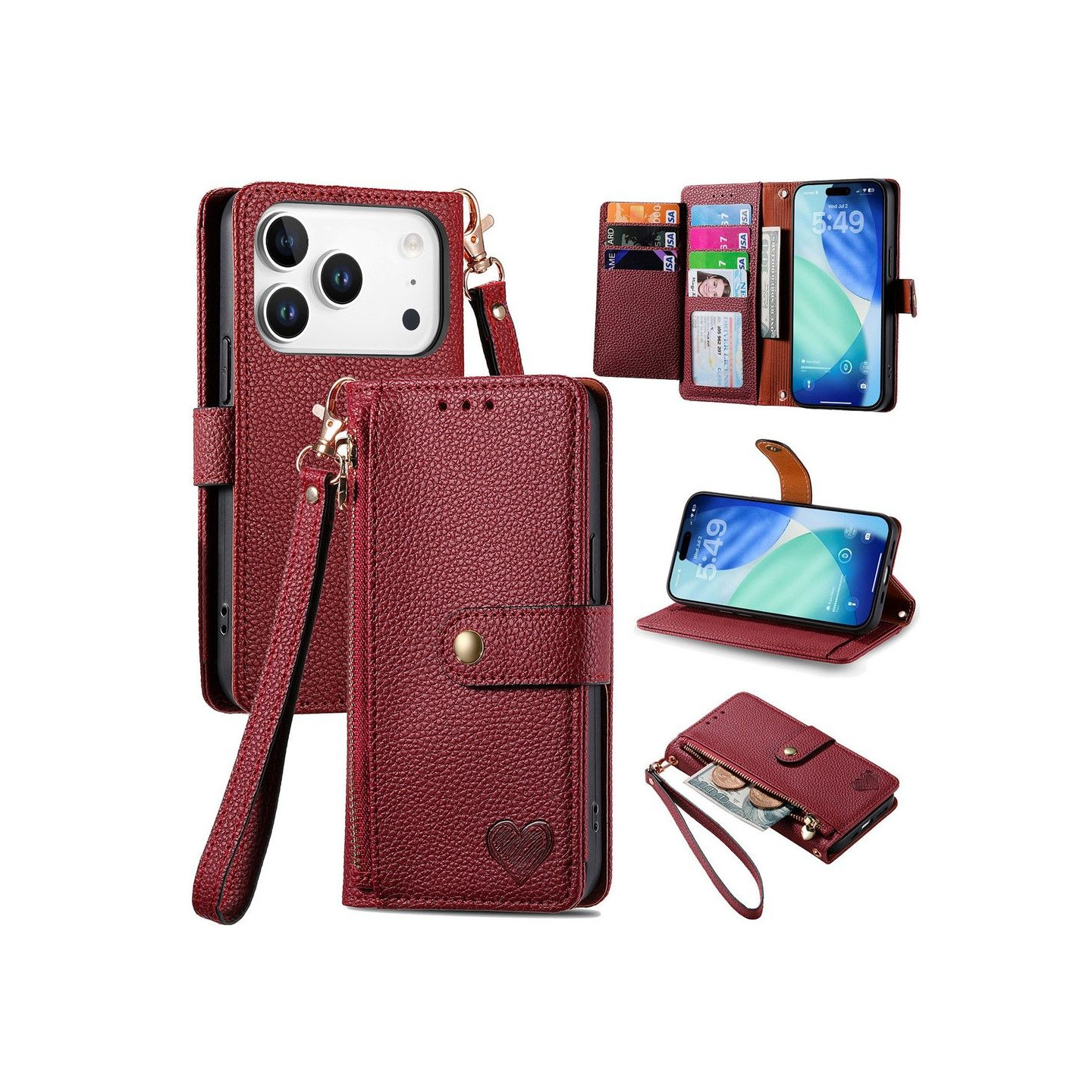 For iPhone 17 Pro Max Case RFID Blocking Zipper Pocket Wallet Phone Cover with Strap