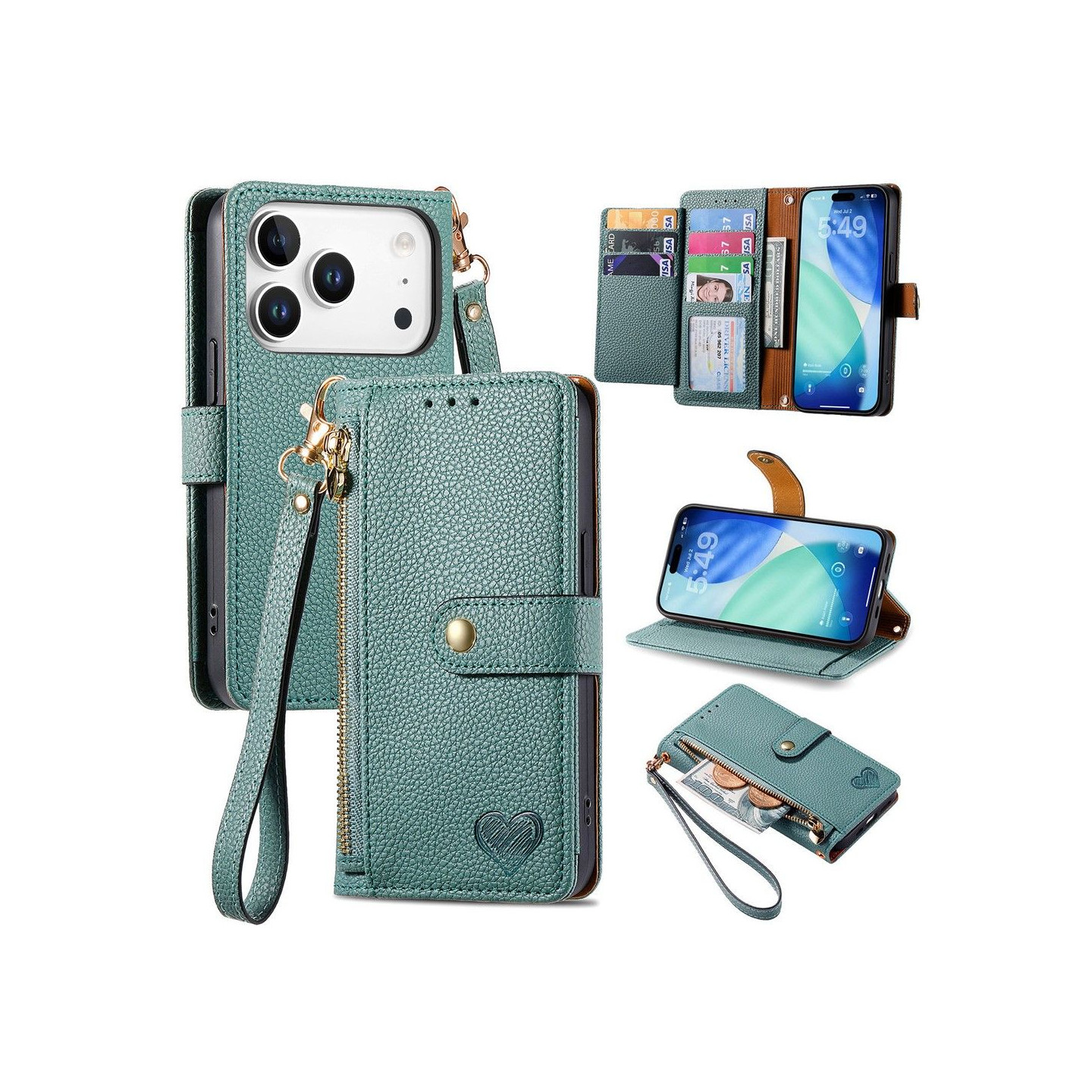 For iPhone 17 Pro Max Case RFID Blocking Zipper Pocket Wallet Phone Cover with Strap