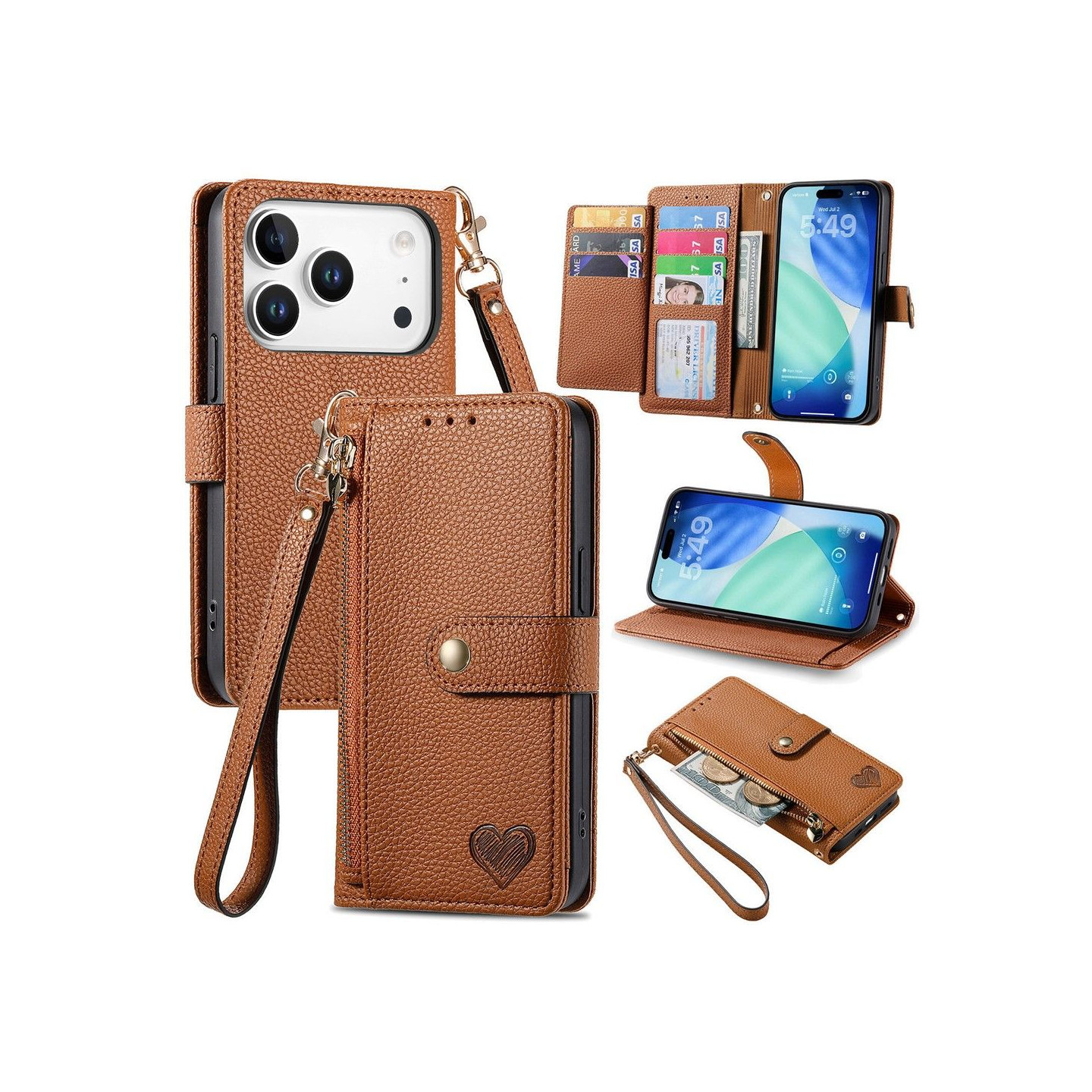 For iPhone 17 Pro Case RFID Blocking Zipper Pocket Wallet Phone Cover with Strap