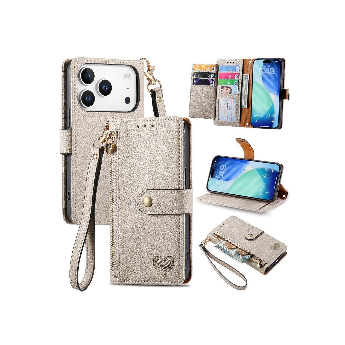 For iPhone 17 Pro Case RFID Blocking Zipper Pocket Wallet Phone Cover with Strap