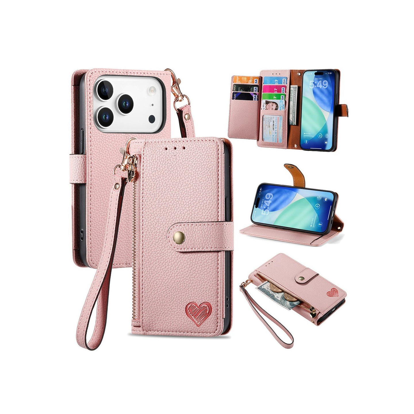 For iPhone 17 Pro Case RFID Blocking Zipper Pocket Wallet Phone Cover with Strap