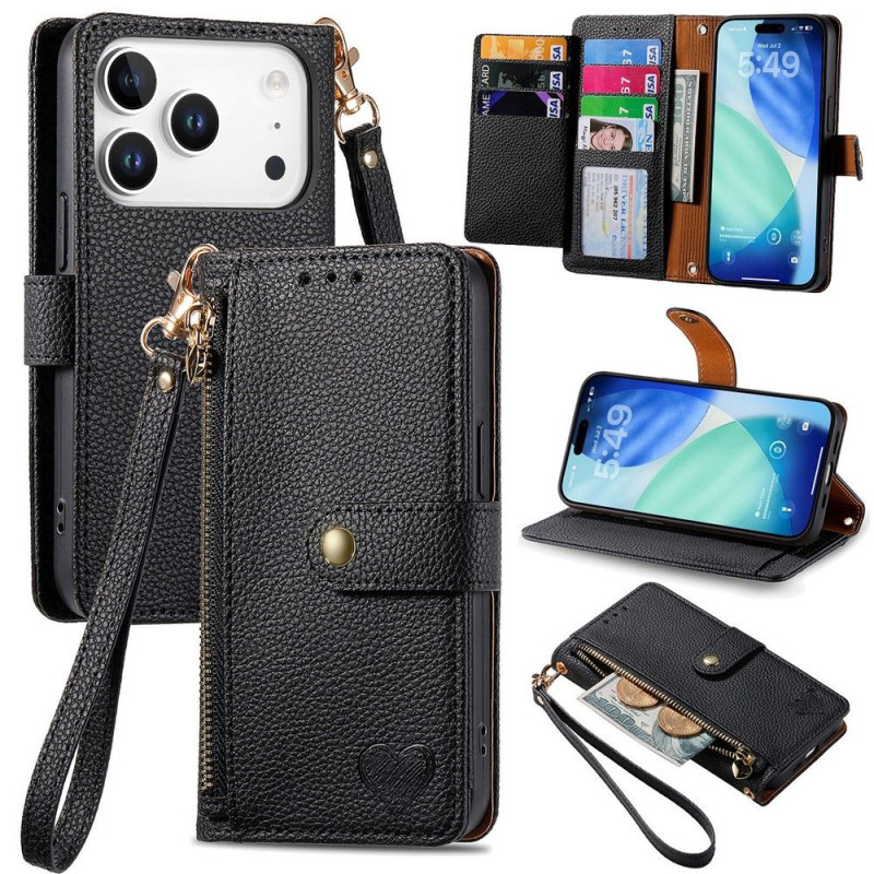 For iPhone 17 Pro Case RFID Blocking Zipper Pocket Wallet Phone Cover with Strap