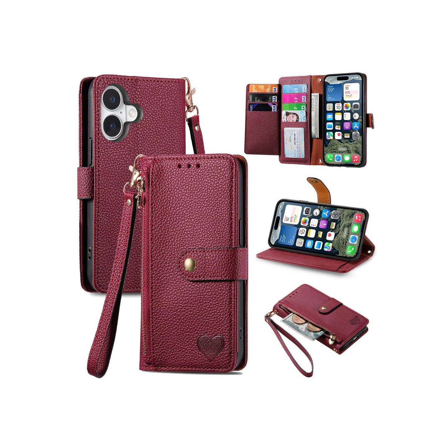 For iPhone 17 Case RFID Blocking Zipper Pocket Wallet Phone Cover with Strap