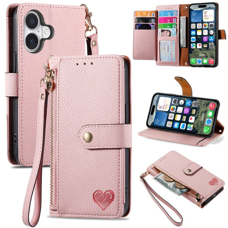 For iPhone 17 Case RFID Blocking Zipper Pocket Wallet Phone Cover with Strap
