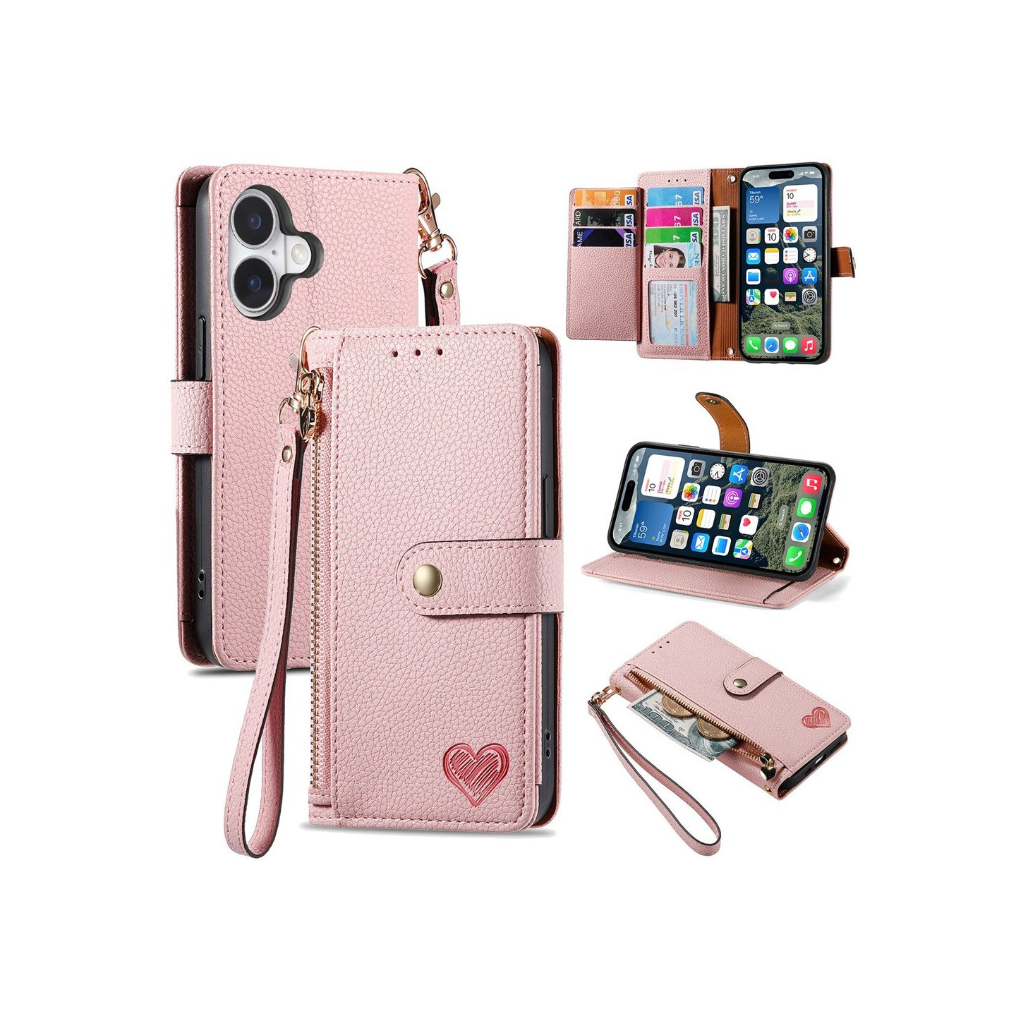 For iPhone 17 Deksel RFID-blokkering Glidelåslomme Lommebokdeksel med Stropp