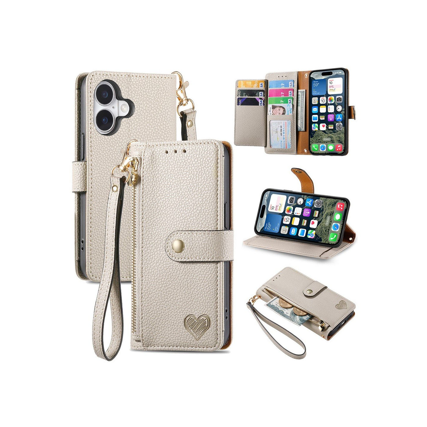 For iPhone 17 Case RFID Blocking Zipper Pocket Wallet Phone Cover with Strap