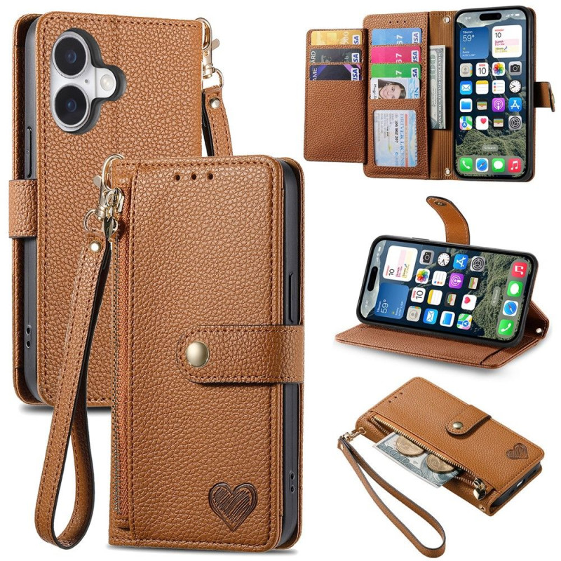 For iPhone 17 Case RFID Blocking Zipper Pocket Wallet Phone Cover with Strap