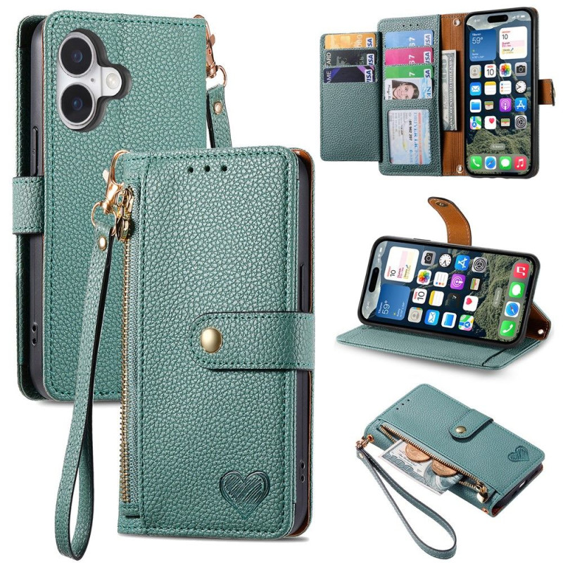 For iPhone 17 Case RFID Blocking Zipper Pocket Wallet Phone Cover with Strap