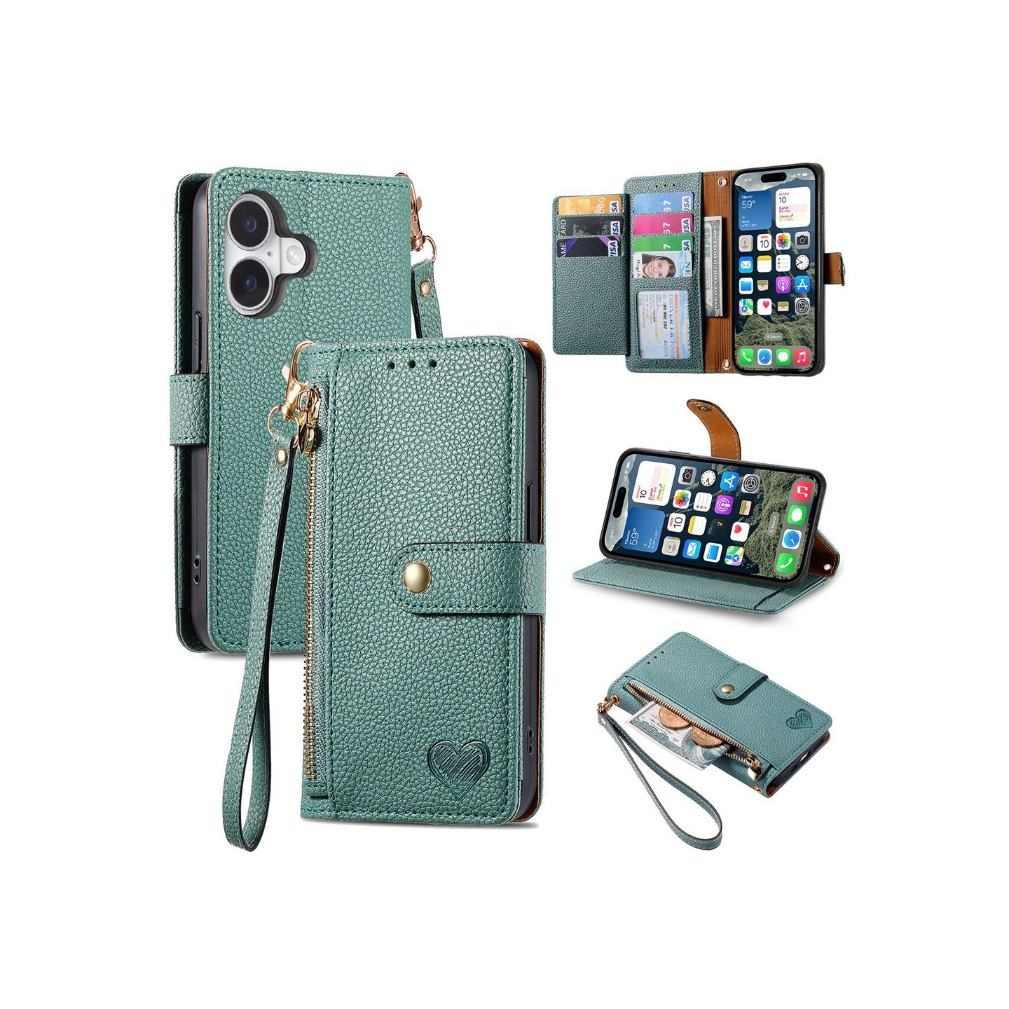 For iPhone 17 Deksel RFID-blokkering Glidelåslomme Lommebokdeksel med Stropp