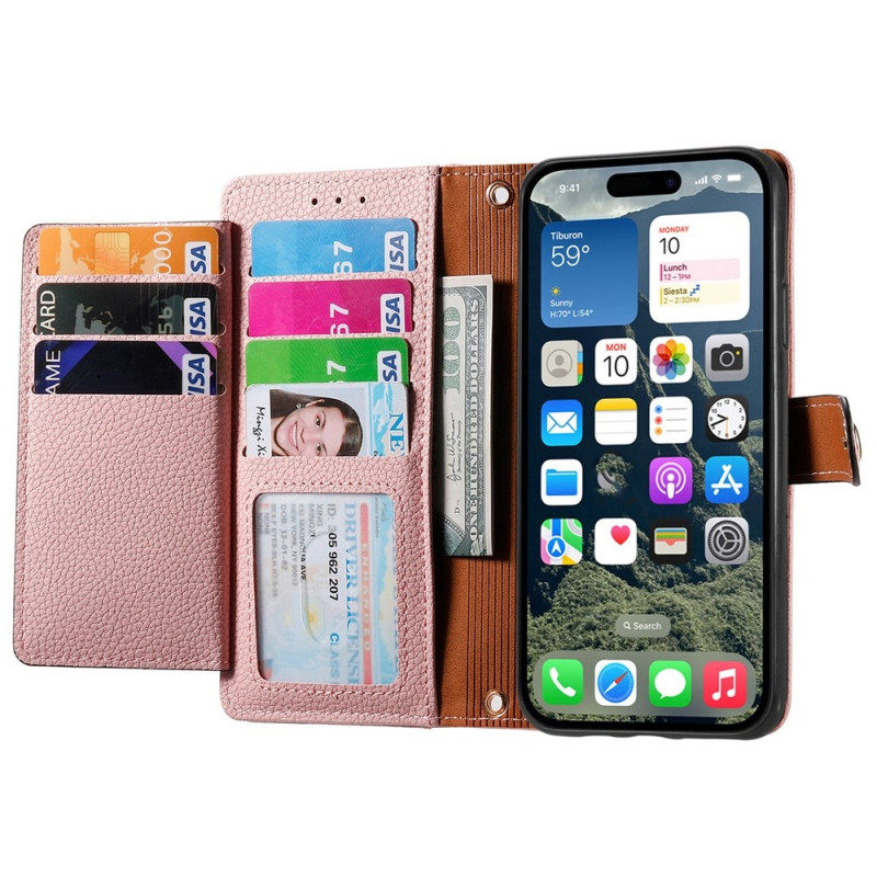 For iPhone 17 Case RFID Blocking Zipper Pocket Wallet Phone Cover with Strap