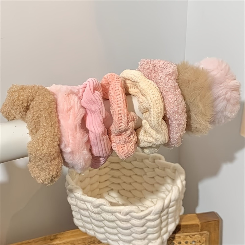 7pcs Plush Hair Ties Hair Bands Fabric Elastic Hair Bands Hair Accessory - Beige