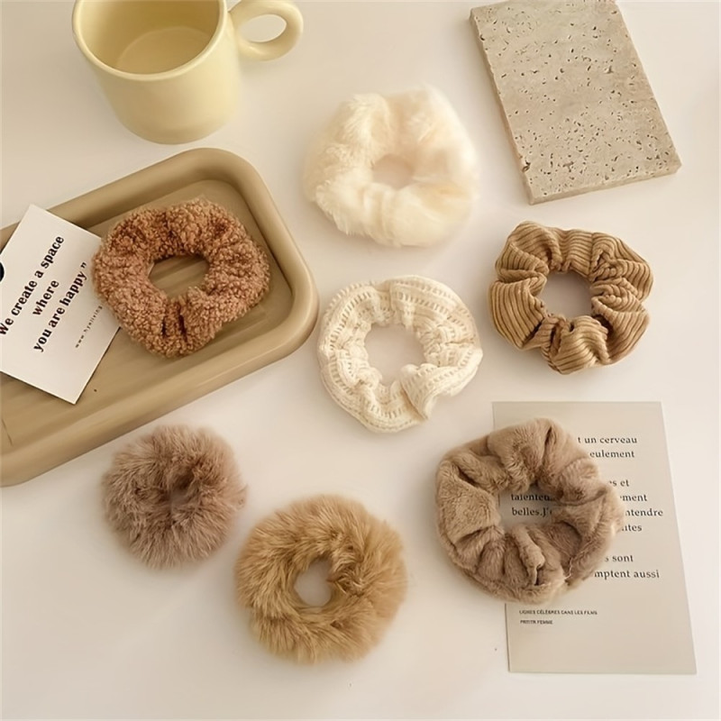 7pcs Plush Hair Ties Hair Bands Fabric Elastic Hair Bands Hair Accessory - Beige