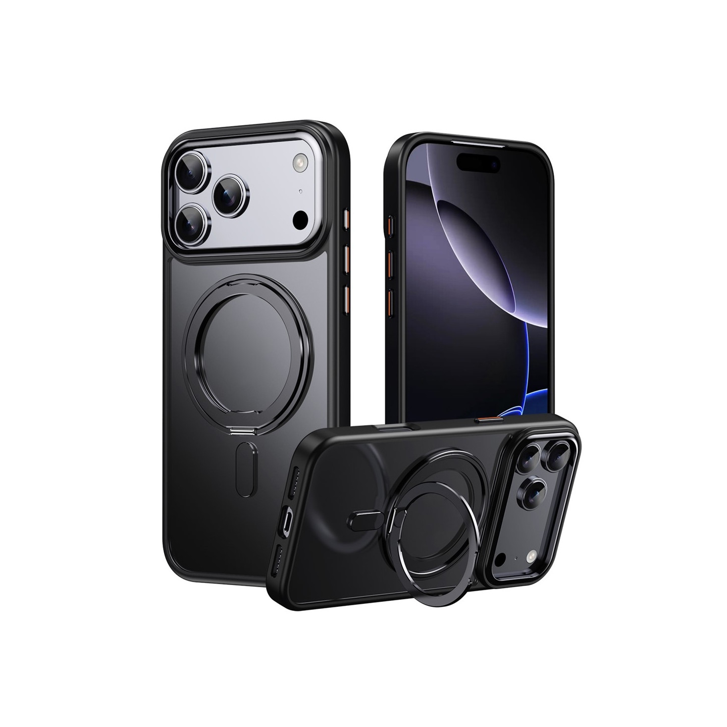 Kuori iPhone 17 Pro, puhelimelle yhteensopiva MagSafe TPU akryyli metalli tukijalusta matta puhelinkuori musta