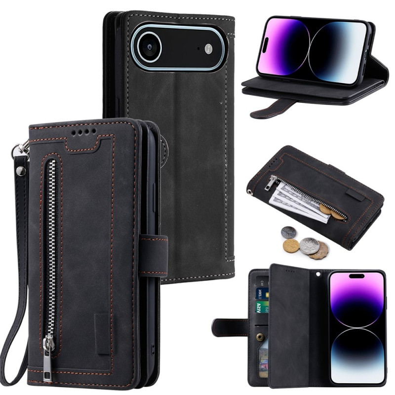 For iPhone Air Case Zipper Pocket PU Leather Phone Cover with 9 Card Slots