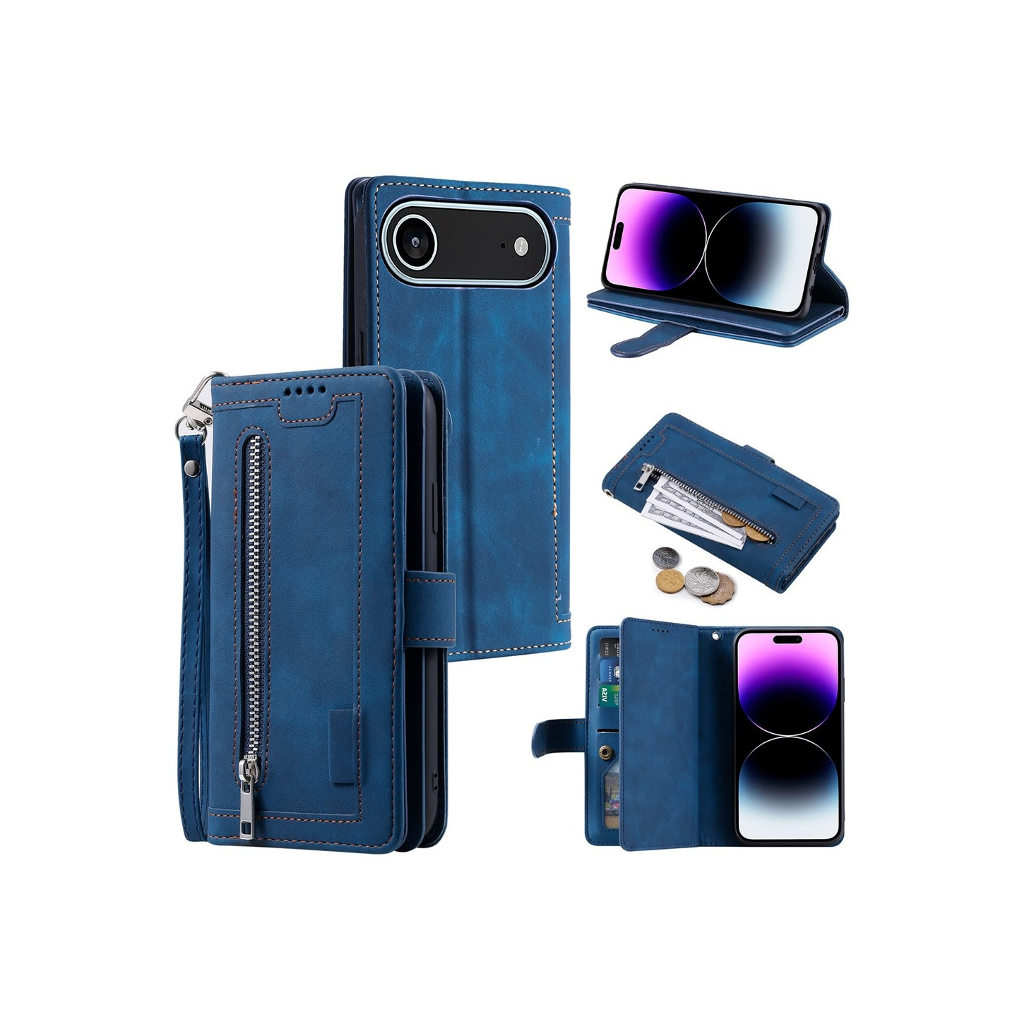 For iPhone Air Case Zipper Pocket PU Leather Phone Cover with 9 Card Slots