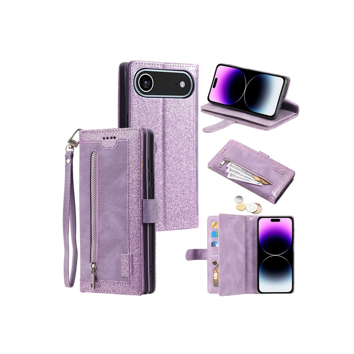 For iPhone Air Case Zipper Pocket PU Leather Phone Cover with 9 Card Slots