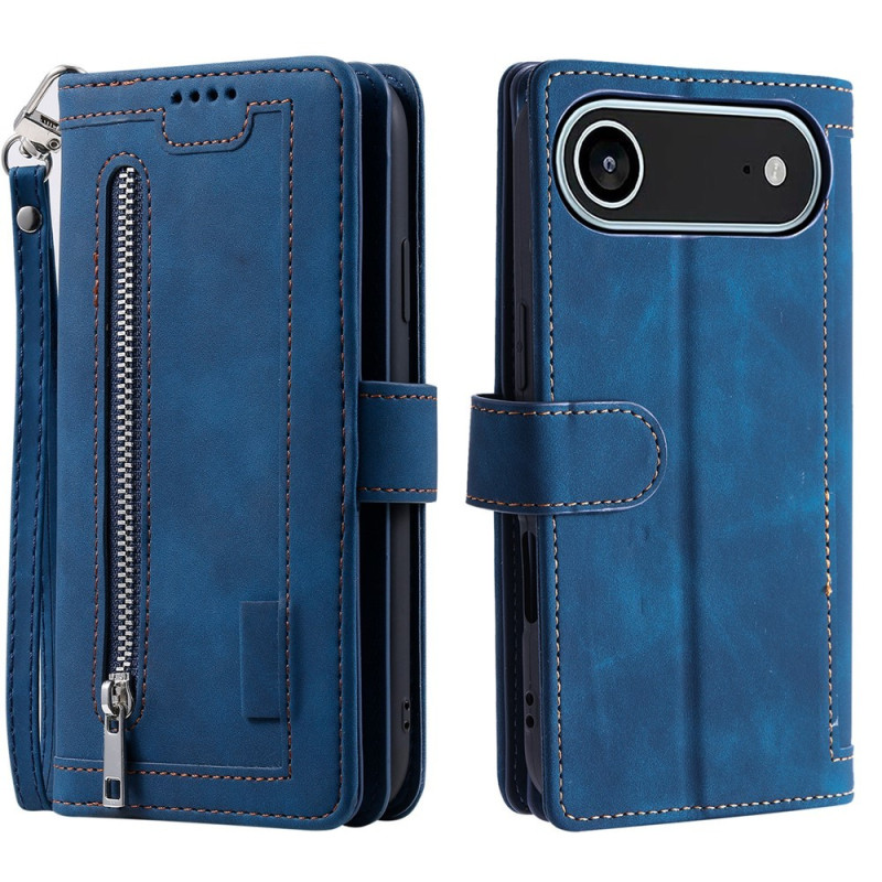 For iPhone Air Case Zipper Pocket PU Leather Phone Cover with 9 Card Slots