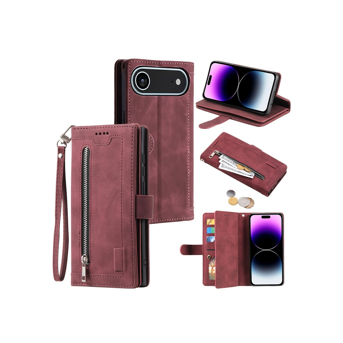 For iPhone Air Case Zipper Pocket PU Leather Phone Cover with 9 Card Slots