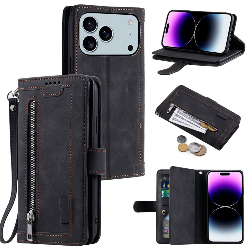 For iPhone 17 Pro Max Case Zipper Pocket PU Leather Phone Cover with 9 Card Slots