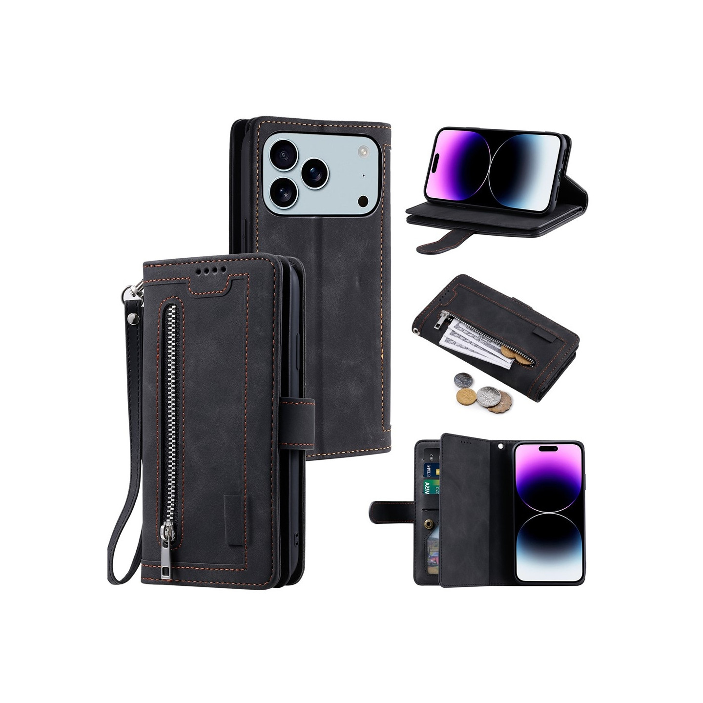 For iPhone 17 Pro Max Case Zipper Pocket PU Leather Phone Cover with 9 Card Slots