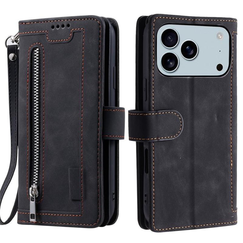 For iPhone 17 Pro Max Case Zipper Pocket PU Leather Phone Cover with 9 Card Slots