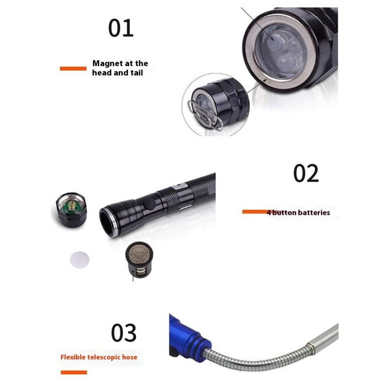 3-LED uttrekkbar lommelykt magnetisk pickup-verktøy fleksibel svanehals-penneklips