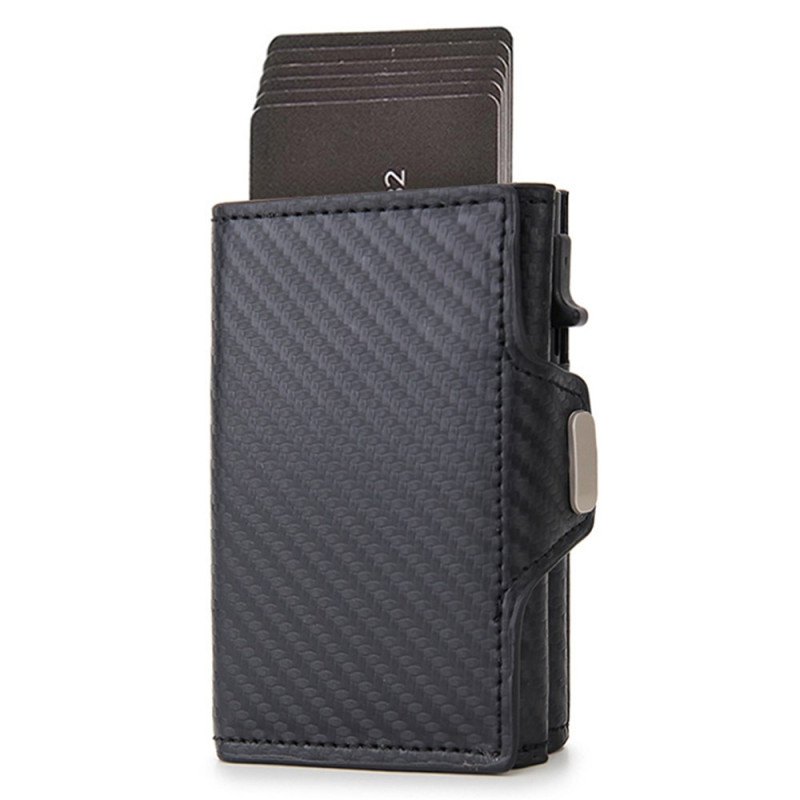 RFID Blocking ID Card Case Credit Card Holder Aluminum Alloy + PU Leather - Carbon Fiber