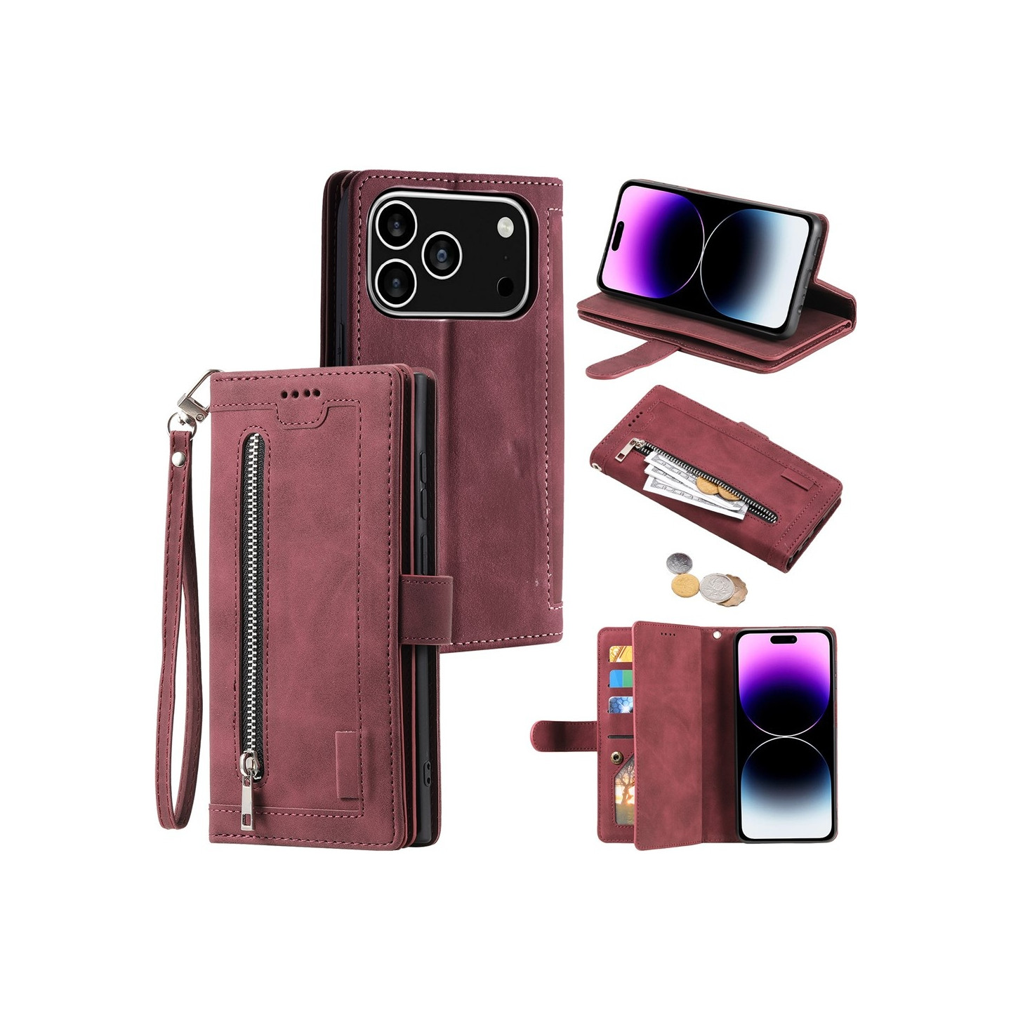 For iPhone 17 Pro Case Zipper Pocket PU Leather Phone Cover with 9 Card Slots