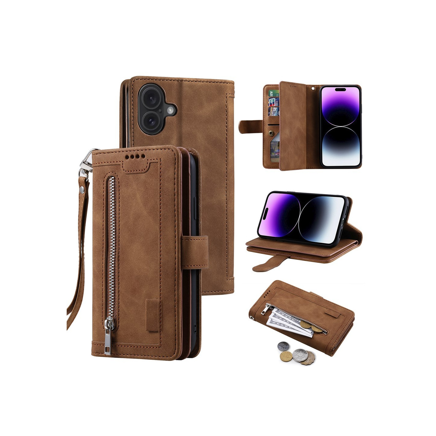 For iPhone 17 Case Zipper Pocket PU Leather Phone Cover with 9 Card Slots