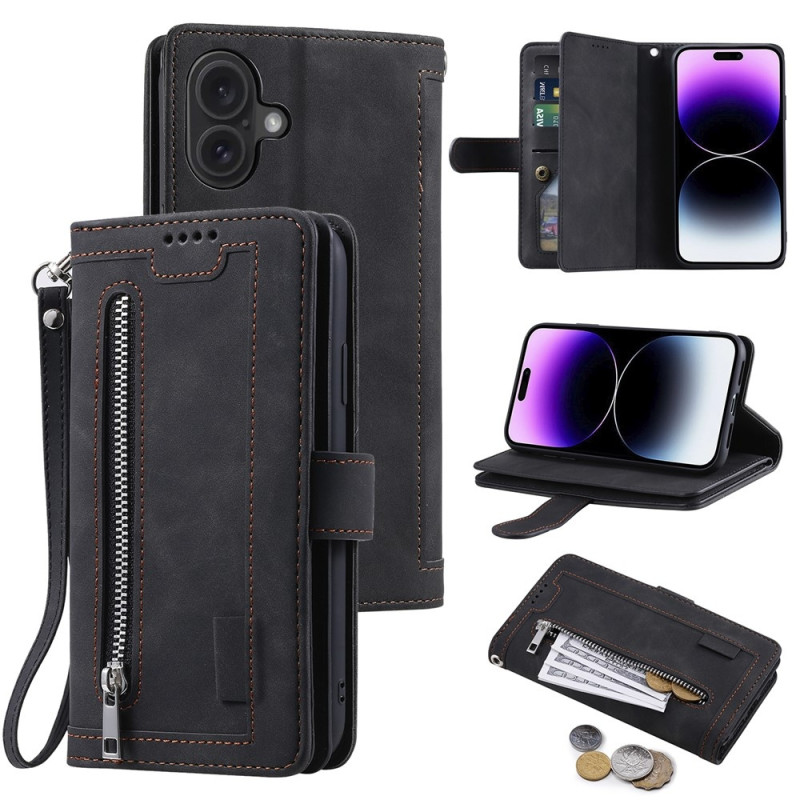 For iPhone 17 Case Zipper Pocket PU Leather Phone Cover with 9 Card Slots