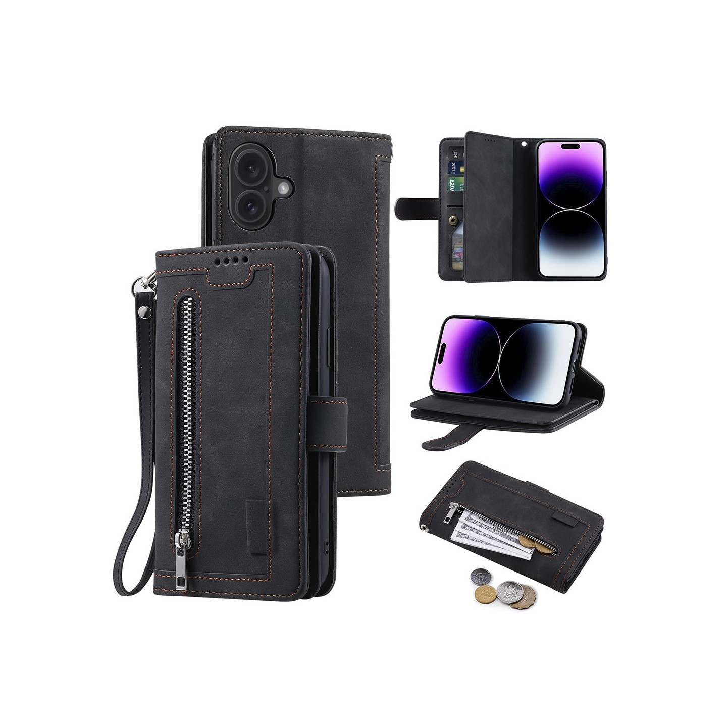 Til iPhone 17 Etui med Lynlåslomme og 9 Kortlommer